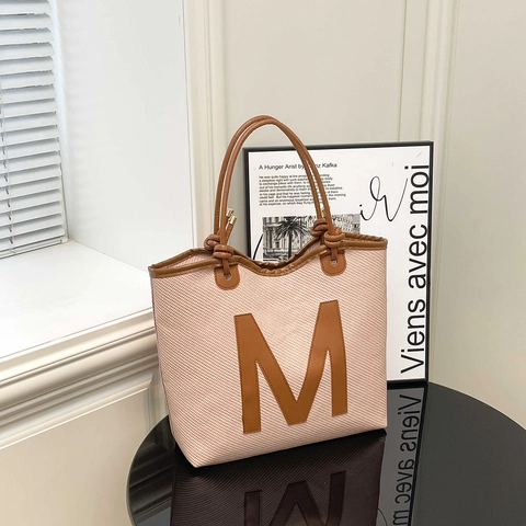 Damen Tragetasche mit Großer Kapazität Gewebte Textur Minimalistisches Kunstleder Patchwork Buchstabe M Schultertasche für Schule