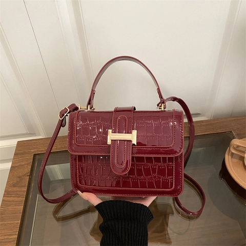 Dames Koreaanse Stijl Glanzende Krokodillenpatroon Schoudertas Met Kersenbedeltje Retro Lakleren Handtas Crossbodytas