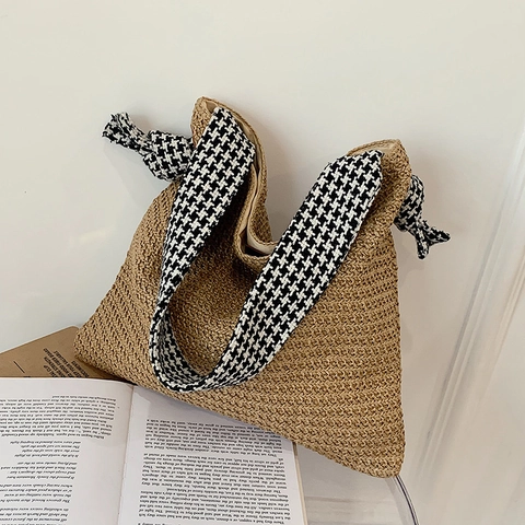 Women Summer Straw Woven Tote Bag With Houndstooth Fabric Shoulder Strap Knot Decor Large Capacity Beach Shoulder Handbag