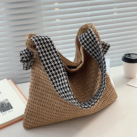 Women Large Capacity Straw Woven Shoulder Bag With Houndstooth Wide Strap Vacation Beach Tote Bag Casual Handbag