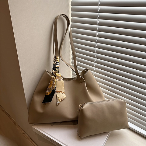Ensemble Sac Fourre-Tout Femme Grande Capacité en Cuir PU Avec Foulard Satin Style Coréen Décontracté Sac à Main Épaule