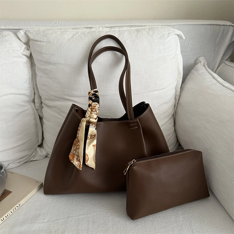 Borsa Tote Plissettata da Donna Con Pochette e Sciarpa di Satin Grande Capacità Borsa a Tracolla in Similpelle