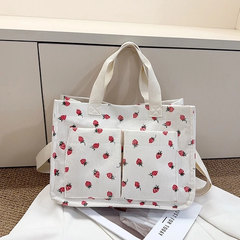 Casual Corduroy Women Tote Bag Strawberry Bow Print Shoulder Bag Large Capacity Crossbody Bag With Pockets For Daily Use