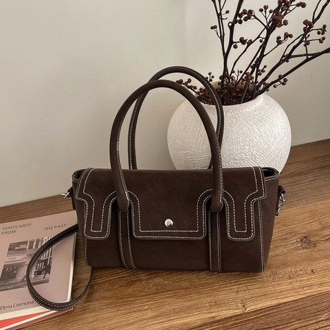 Vintage Matte Faux Suede Handbag Women Contrast Stitching Shoulder Crossbody Bag Retro Commute Trendy Flap Square