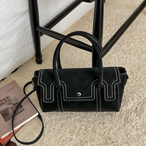 Sac à Épaule Vintage en Cuir PU Avec Surpiqûres Contrastées Grande Capacité Sac à Main Bandoulière Femme Quotidien