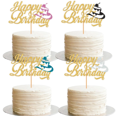 Glitter Happy Birthday Taarttopper Goud Artistiek Lettertype Met Gekleurde Taart Icoon Voor Verjaardagsfeestje Decoratie