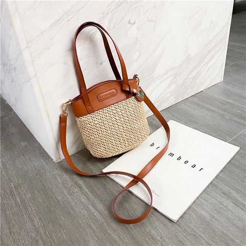 Borsa a Secchiello in Paglia Intrecciata da Donna Stile Foresta Patchwork Pelle Sintetica Borsa a Mano Estate Spiaggia Vacanza