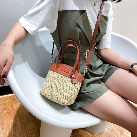Borsa a Secchiello in Paglia Intrecciata da Donna Stile Foresta Patchwork Pelle Sintetica Borsa a Mano Estate Spiaggia Vacanza