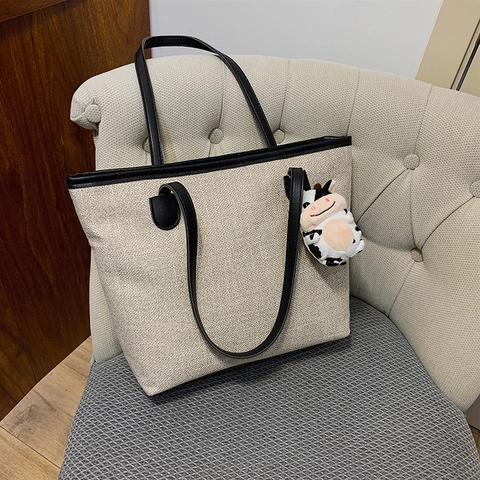 Women Large Capacity Tote Bag Woven Canvas Handbag With Cute Cow Plush Pendant Shoulder Bag For Commuting Travel Daily Shopping