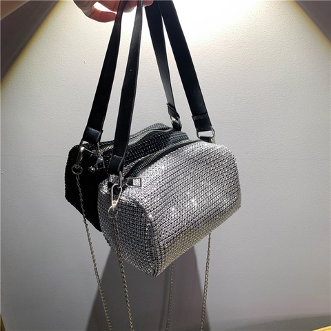 Shiny Rhinestone Barrel Crossbody Bag For Women Luxury Cylinder Small Square Bag With Leather Strap And Silver Chain For Party