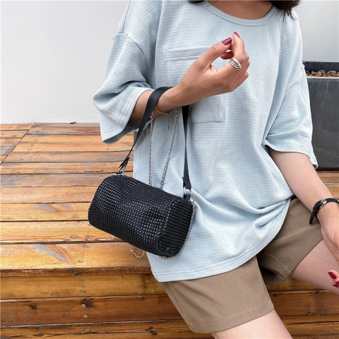 Shiny Rhinestone Barrel Crossbody Bag For Women Luxury Cylinder Small Square Bag With Leather Strap And Silver Chain For Party