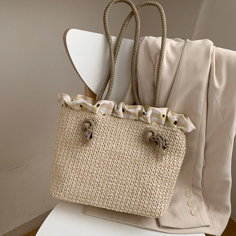 Γυναικεία Casual Τσάντα Tote από Άχυρο Με Διακόσμηση Ηλίανθου και Βολάν Χειροποίητη Τσάντα Ώμου για Καλοκαιρινές Διακοπές