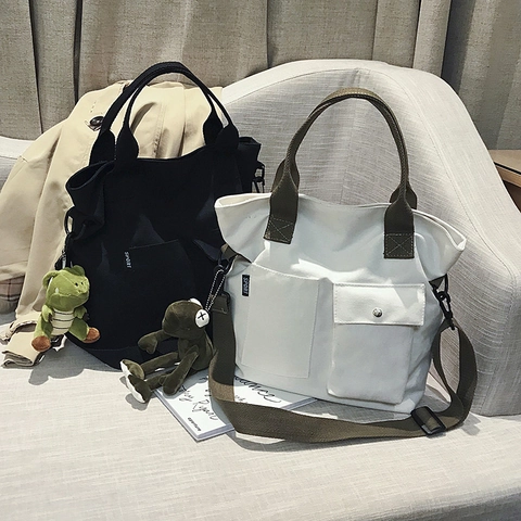 Women Large Canvas Tote Bag Casual Workwear Multi Pocket Shoulder Bag For Student With Dinosaur Frog Plush Charm Handbag