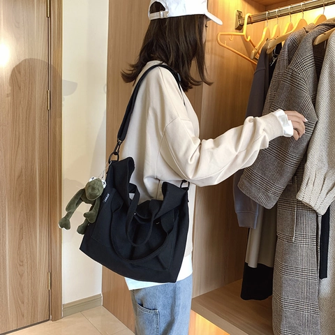 Women Large Canvas Tote Bag Casual Workwear Multi Pocket Shoulder Bag For Student With Dinosaur Frog Plush Charm Handbag