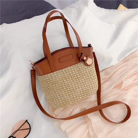 Dames Mode Stro Geweven Emmer Tas Patchwork PU Leer Schoudertas Crossbody Tas Zomer Casual Strand Handtas