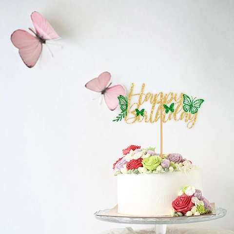 Glitter Butterfly Happy Birthday Cake Topper For Birthday Party Celebration Cake Decoration Supplies Hollow Paper Insert