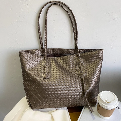 Bolso Tote de PU Trenzado de Gran Capacidad para Mujer Minimalista Urbano Bolso de Mano Street Casual Bolso de Hombro