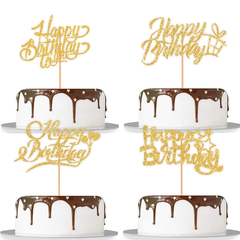 Gold Glitter Happy Birthday Cake Topper Paper Decorative Party Dessert Topper For Birthday Party Supplies Cake Decorating