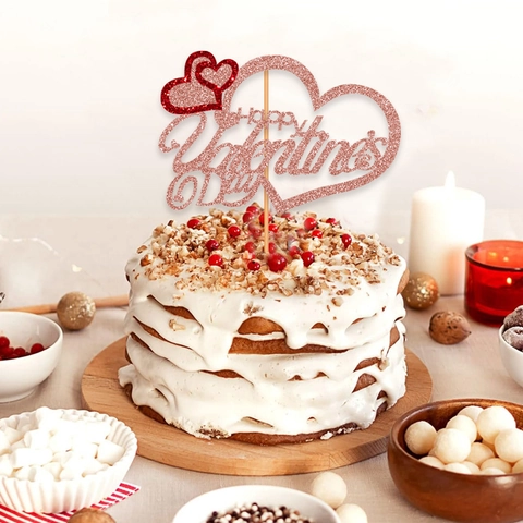 Happy Valentine's Day Cake Topper Glitter Cardstock Gold Rose Gold Red Heart Lip Festive Party Dessert Decoration Pick