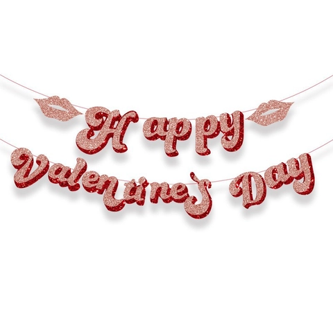 Fijne Valentijnsdag Banner Glitter Rozegoud Rood Letter Hangende Vlag Voor Romantisch Daten Voorstel Feest Decoratie