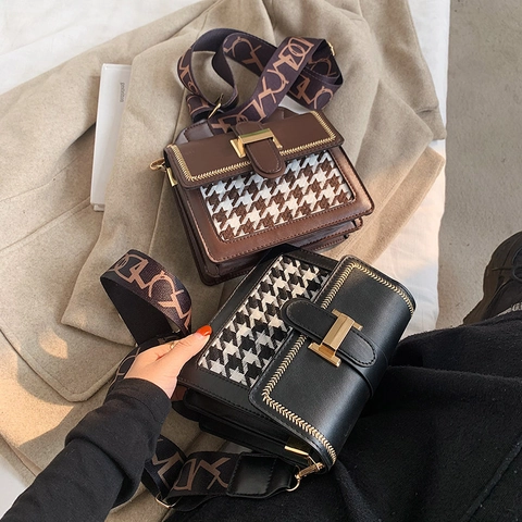 Borsa a Tracolla da Donna Vintage in Pelle PU con Motivo Pied de Poule Borsa Quadrata a Contrasto con Tracolla Larga