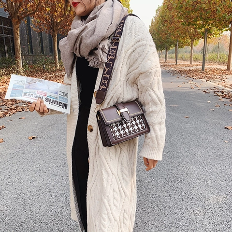 Borsa a Tracolla da Donna Vintage in Pelle PU con Motivo Pied de Poule Borsa Quadrata a Contrasto con Tracolla Larga