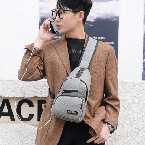 Men Casual Nylon Chest Bag With USB Charging Port Outdoor Sport Crossbody Shoulder Sling Bag For Daily Travel