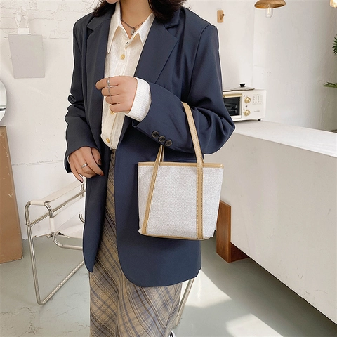 Borsa Tote in Tela da Donna Grande Capacità Minimalista Contrasto Colore Borsa a Tracolla in Pelle Sintetica Per Pendolarismo Quotidiano Shopping