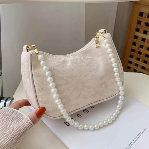 Bolso de Hombro de Encaje para Mujer Con Cadena de Perlas Artificiales Retro Francés Bolso de Axila Elegante Baguette