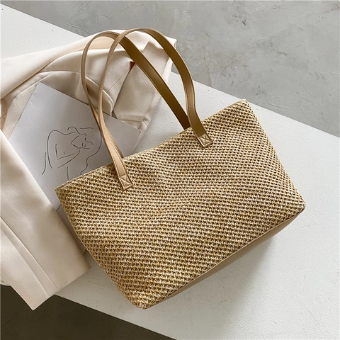 Grande Borsa Tote Intrecciata Donna in Paglia e Pelle PU Tracolla Casual Estate Vacanze Spiaggia Viaggio Con Cerniera Grande Capacità