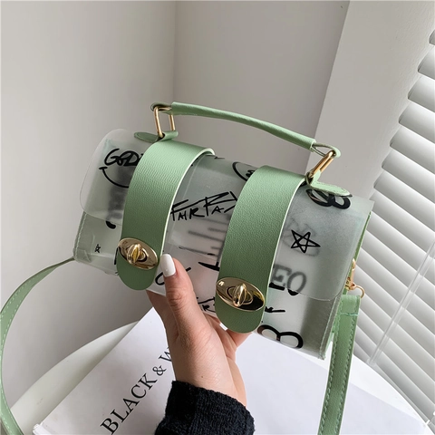 Transparent PVC Graffiti Crossbody Bag With PU Leather Trim Gold Twist Lock Small Square Handbag For Women