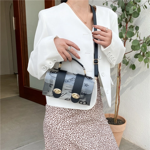 Transparent PVC Graffiti Crossbody Bag With PU Leather Trim Gold Twist Lock Small Square Handbag For Women