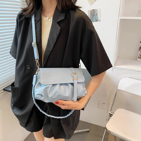 Bolso de Hombro Arrugado para Mujer Cuero Sintético Bolso Bandolera Nube Con Correa Trenzada Hebilla Dorada Moda Diario