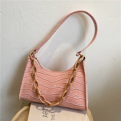 Vintage Croc Embossed Underarm Bag Fashion PU Leather Baguette Bag With Acrylic Chain Decor Square Shoulder Bag For Women