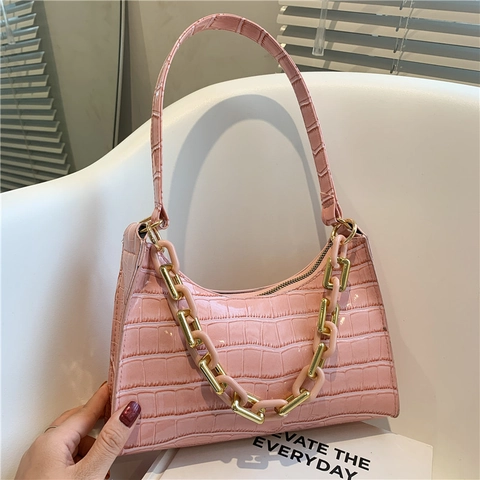 Damen Vintage Krokodilmuster Baguette Schultertasche Mit Grober Kette PU Leder Kleine Unterarmtasche Fashion Täglich Party