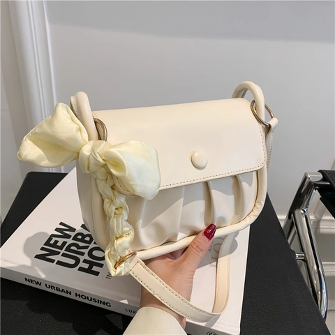 Geraffte Cloud Schultertasche Für Damen PU Leder Umhängetasche Mit Schleife Schal Dekor Kette Riemen Lässige Mode Handtasche