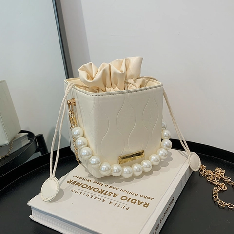 Bolso Saco de Moda para Mujer con Asa de Perlas Artificiales Patrón de Ondas Cuero PU Cordón Bolso Bandolera Bolso de Hombro con Correa de Cadena de Metal