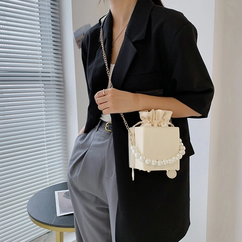 Bolso Saco de Moda para Mujer con Asa de Perlas Artificiales Patrón de Ondas Cuero PU Cordón Bolso Bandolera Bolso de Hombro con Correa de Cadena de Metal
