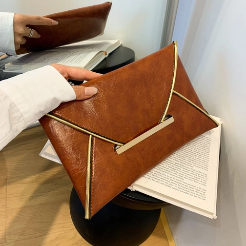 Women Minimalist PU Leather Envelope Clutch Bag With Gold Metal Trim Vintage Solid Color Handbag For Party Banquet