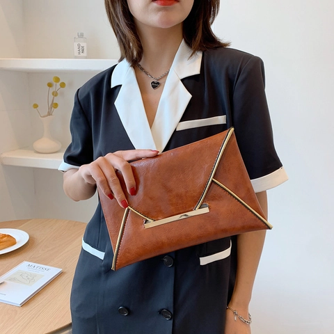 Women Minimalist PU Leather Envelope Clutch Bag With Gold Metal Trim Vintage Solid Color Handbag For Party Banquet