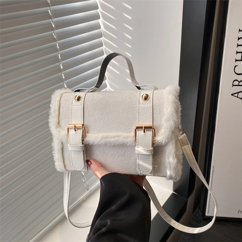 Damen Casual Kunstfell Plüsch Schultertasche Retro PU Leder Quadrat Crossbody Tasche Mit Goldener Schnalle Herbst Winter Handtasche