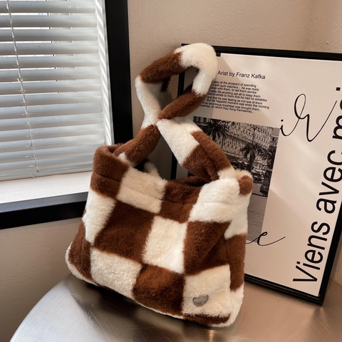 Borsa A Spalla Peluche Ecopelliccia Grande Capacità Motivo A Scacchi Borsa A Mano Morbida Soffice Inverno Autunno Chic