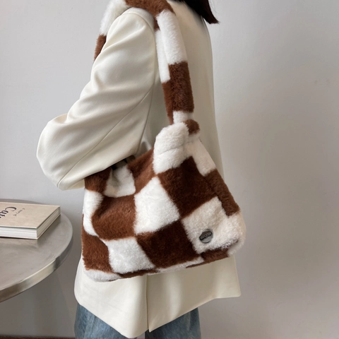 Borsa A Spalla Peluche Ecopelliccia Grande Capacità Motivo A Scacchi Borsa A Mano Morbida Soffice Inverno Autunno Chic