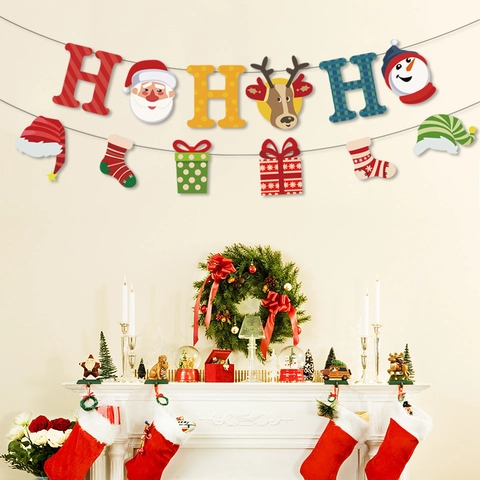 Kerst Banner HO HO HO Kerstman Rendier Sneeuwpop Pull Vlag Feestelijke Party Wanddecoratie Papier Guirlande Decor