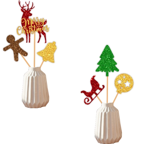 Kerst Vaas Toppers Rendier Peperkoekman Glitter Karton Houten Stok Feest Florale Taart Decoratief Ornament