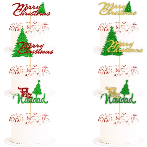 Glitzer Papier Weihnachten Kuchendeko Merry Christmas Feliz Navidad Dekoration Mit Baum Für Feiertag Party Backzubehör