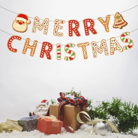 Merry Christmas Peperkoek Banner Kerstman Bel Patroon Papier Hangende Vlag Voor Kerstfeest Huis Decoraties