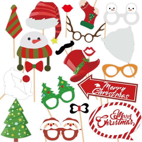 Accessori per Fotobox di Natale Con Bastoncini di Legno Cappello di Babbo Natale Corna di Renna Decorazione Festa Forniture Festive