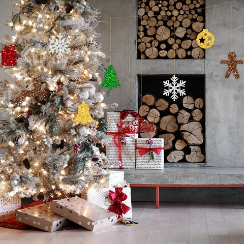 Banner Natale Carta Luccicante Merry Christmas Renna Fiocco Di Neve Omino Pan Di Zenzero Albero Decorazione Festa