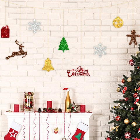 Banner Natale Carta Luccicante Merry Christmas Renna Fiocco Di Neve Omino Pan Di Zenzero Albero Decorazione Festa